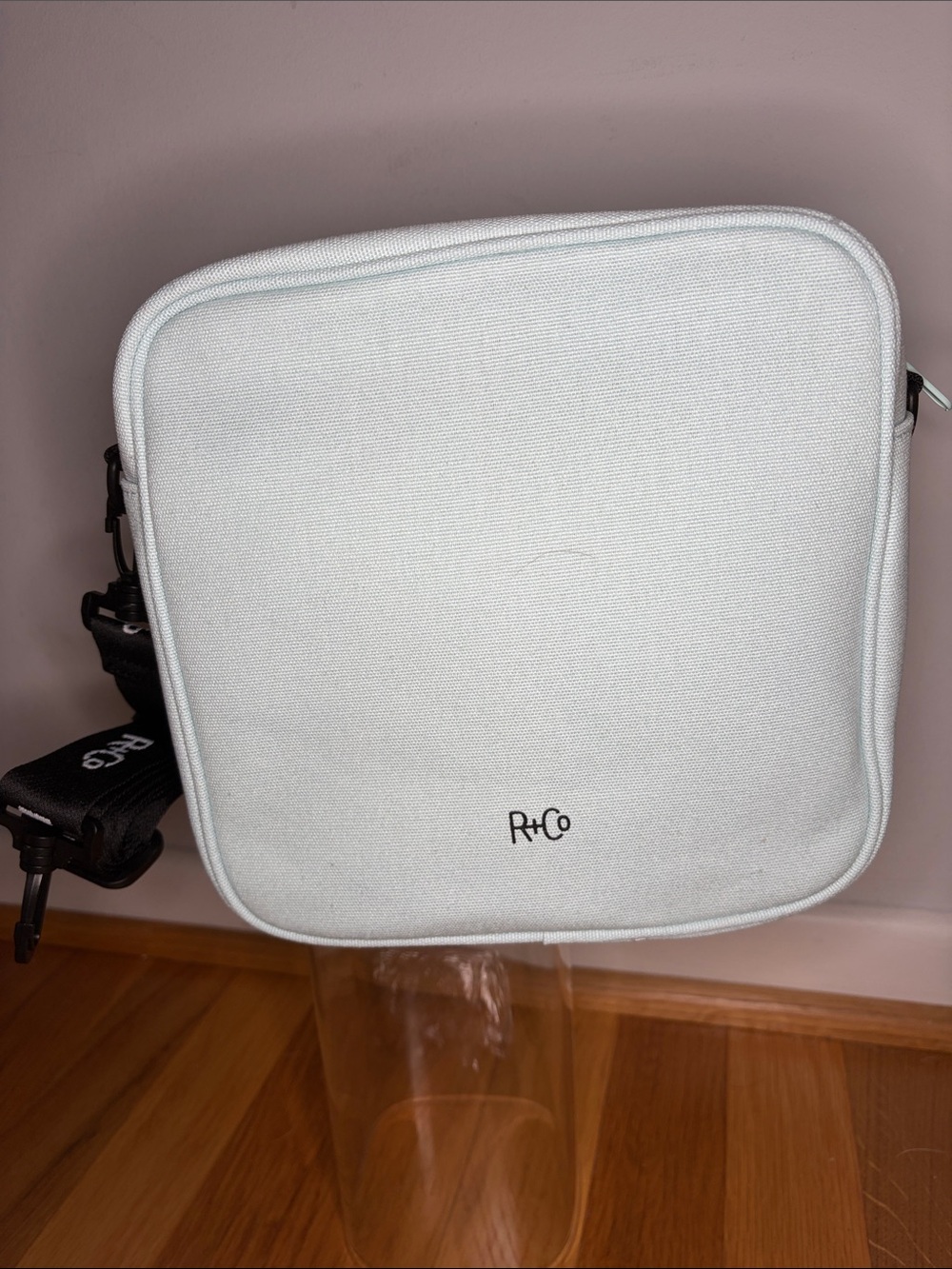 R+Co Light BlueCanvas Square Crossbody Bag with Branded Strap
